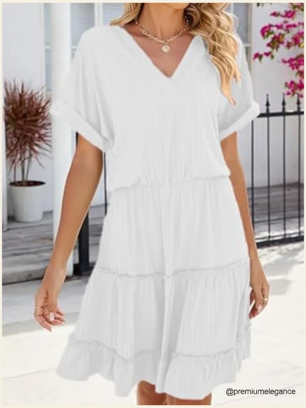 V-Neck Tiered Ruffle Hem Midi Dress with Pockets - Polyester Spandex - Picture 4 of 5